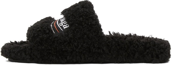 BALENCIAGA BLACK FURRY SLIDE SANDALS